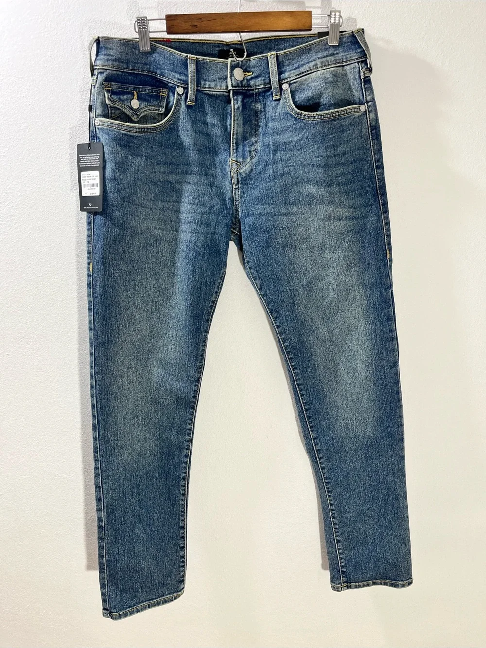 True Religion New Men's Rocco Sn Flap Relaxed Skinny Jeans Fog Wash 33x32